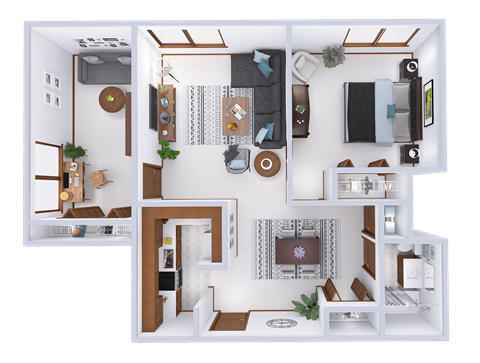 Floor plan for 1 bed, 1 bath, 984 sqft